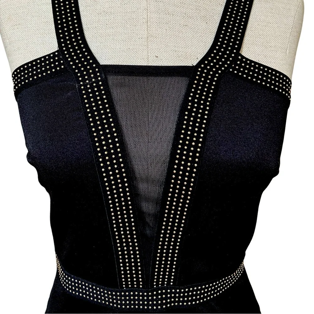 Forever 21 Black Halter Bodycon Mini Dress Gold Accents & Zipper Cut-Out Back -S